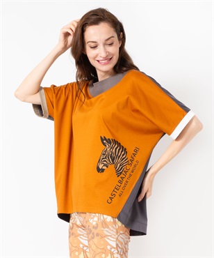ジラフプリント切替半袖Tシャツ(20オレンジ-40)