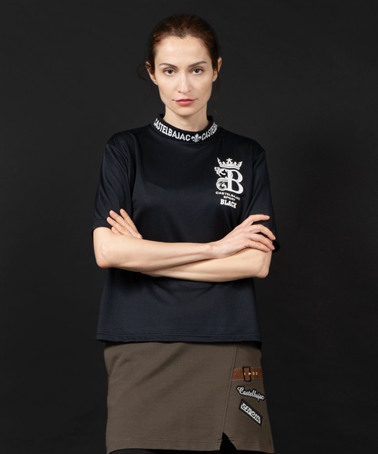 【BLACK】衿ジャガードモックネックAライン5分袖Tシャツ(99ブラック-40)
