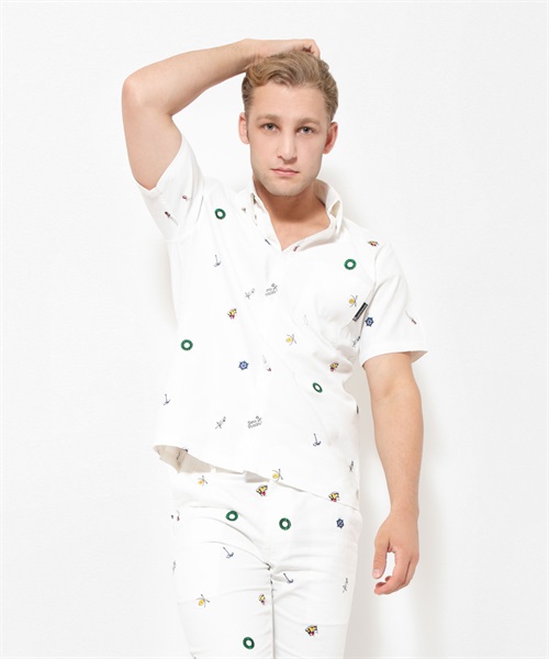 綿ポリ総柄刺繍半袖シャツ(01 ホワイト-46)