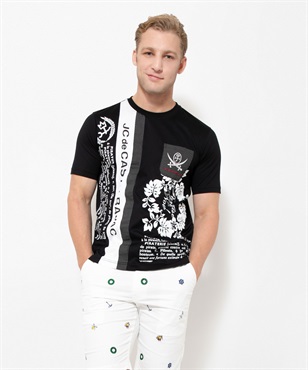 60綿天花柄切り替え半袖Tシャツ(99 ブラック-46)
