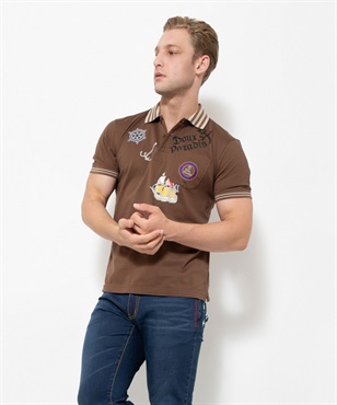40鹿の子海賊刺繍半袖ポロシャツ(17 モカブラウン-46)