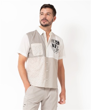 綿８０ローン異素材切り替え半袖シャツ(01ホワイト-46)