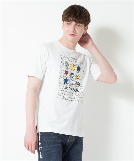 50/2シルケット前身プリント半袖Tシャツ(01ホワイト-44)