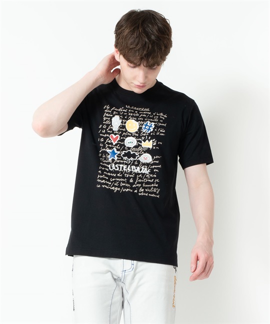 50/2シルケット前身プリント半袖Tシャツ(99ブラック-44)