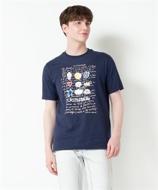 50/2シルケット前身プリント半袖Tシャツ(59ネイビー-44)