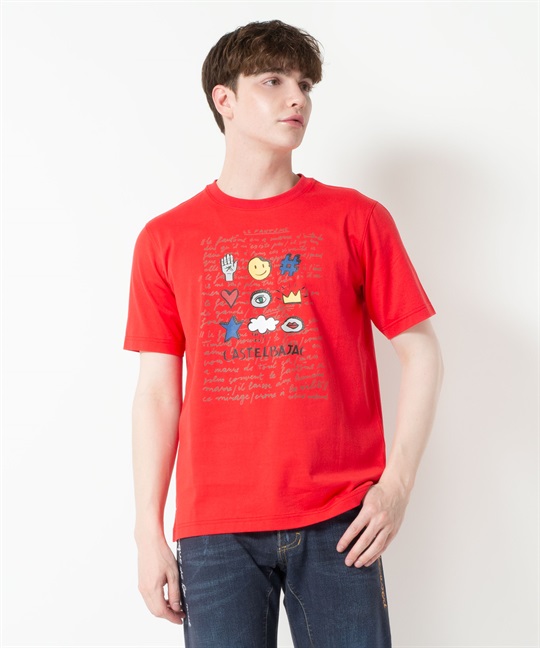 50/2シルケット前身プリント半袖Tシャツ(80レッド-44)