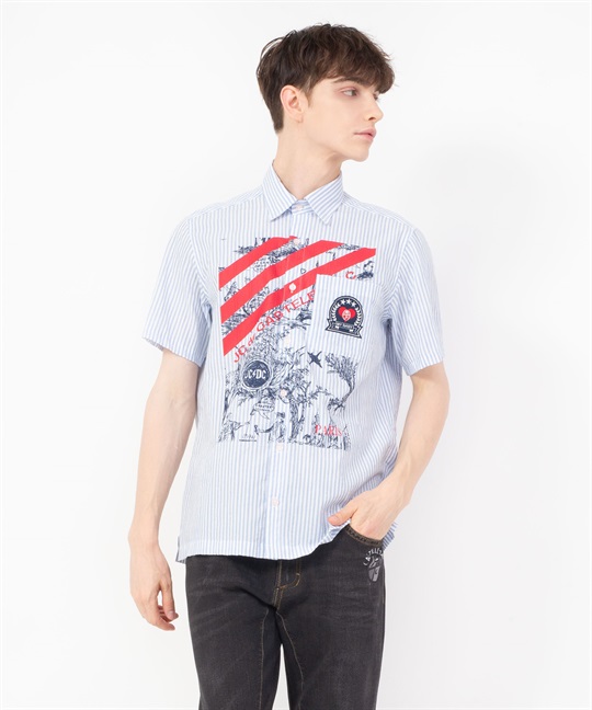 【カプセルコレクション】綿ストライプルパリ柄半袖シャツ(50ブルー-46)