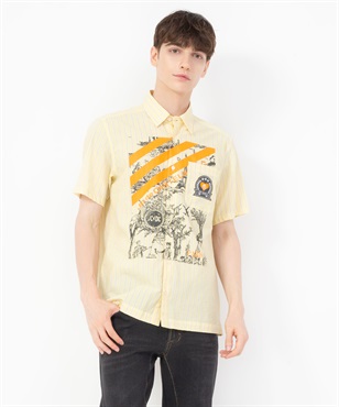 【カプセルコレクション】綿ストライプルパリ柄半袖シャツ(30イエロー-46)