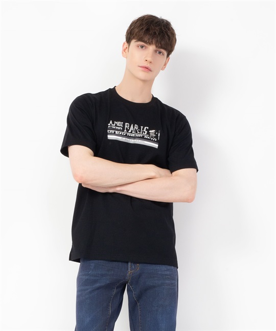 【カプセルコレクション】綿50/2クマ柄半Tシャツ(99ブラック-44)