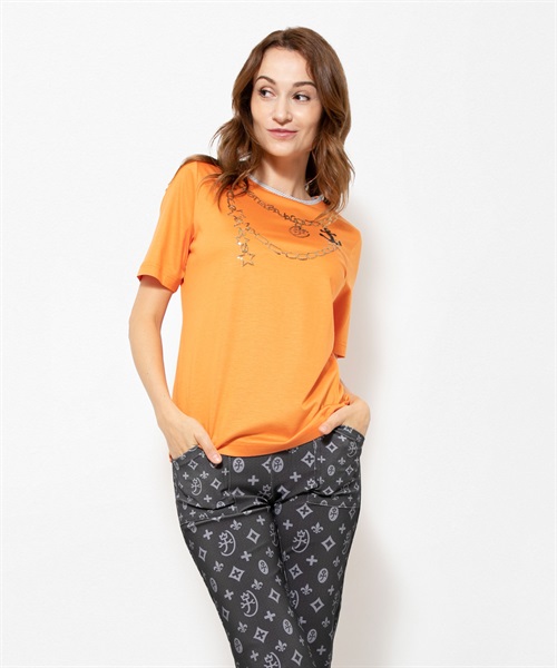 ギザリヨセル天竺スパンコールネックレス刺繍半袖Tシャツ(20 オレンジ-40)