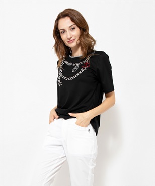 ギザリヨセル天竺スパンコールネックレス刺繍半袖Tシャツ(99 ブラック-40)