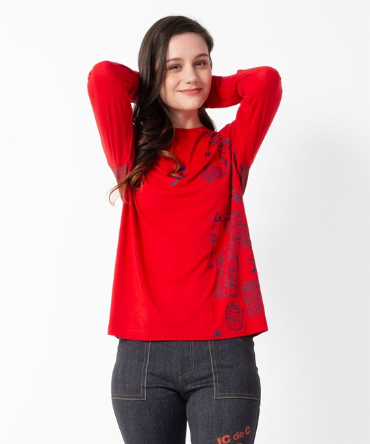サクラウォームベア天　パリ柄プリント長袖Tシャツ(80レッド-40)