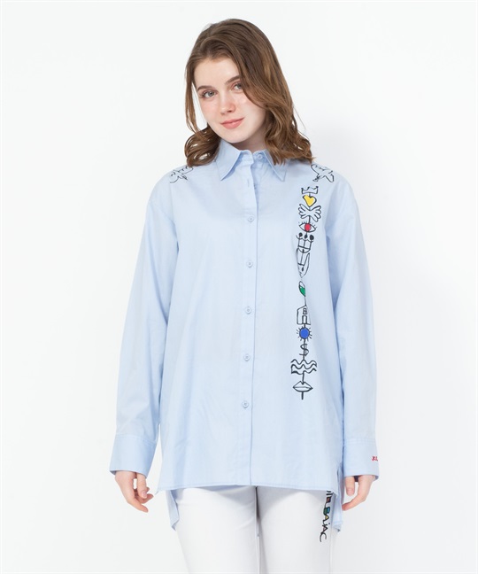 【カプセルコレクション】プリント入り長袖チュニックシャツ(53サックス-40)