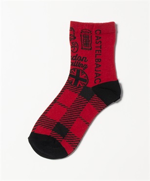 はき口ゆるめロンドン柄チェッククルーソックス(80レッド-40)