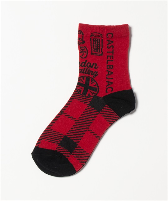 はき口ゆるめロンドン柄チェッククルーソックス(80レッド-40)