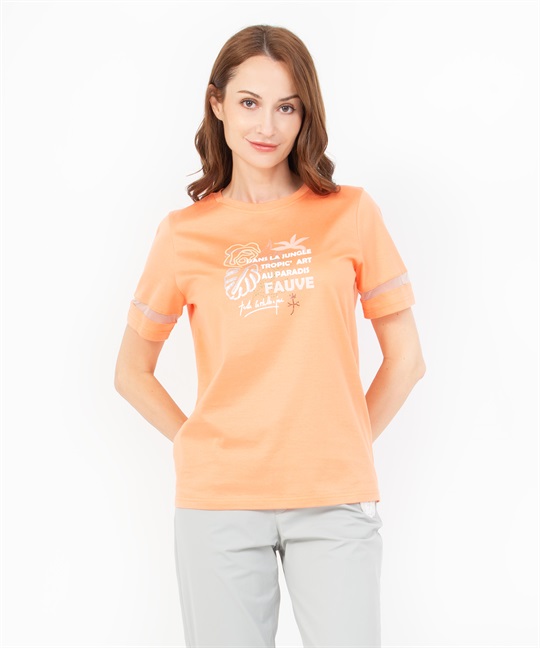 ボタニカル柄スパンコール刺繍半袖Tシャツ(20オレンジ-40)