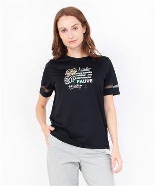 ボタニカル柄スパンコール刺繍半袖Tシャツ(99ブラック-40)