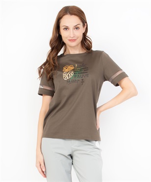 ボタニカル柄スパンコール刺繍半袖Tシャツ(37カーキ-40)