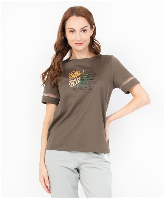 ボタニカル柄スパンコール刺繍半袖Tシャツ(37カーキ-40)