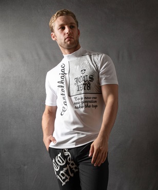【BLACK】ゼブラプリント&箔プリント入りモックネック半袖Tシャツ(01 ホワイト-44)