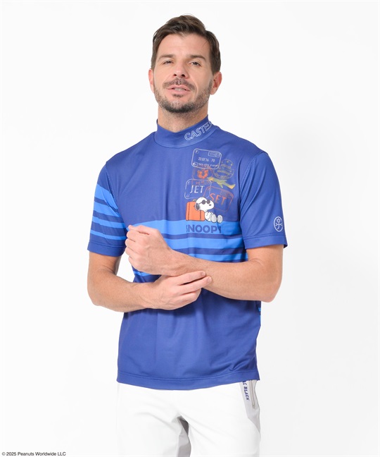 【スヌーピー】トラベル柄昇華転写モックネック半袖Tシャツ(59ネイビー-46)
