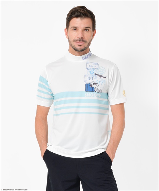 【スヌーピー】トラベル柄昇華転写モックネック半袖Tシャツ