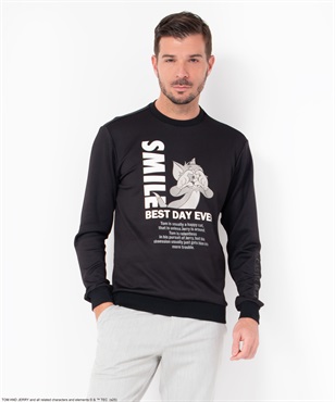 【TOM and JERRY】プリント入り丸首トレーナー(99ブラック-46)