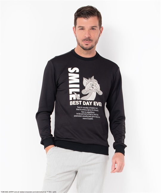 【TOM and JERRY】プリント入り丸首トレーナー(99ブラック-46)