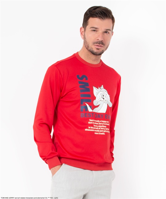【TOM and JERRY】プリント入り丸首トレーナー(80レッド-46)