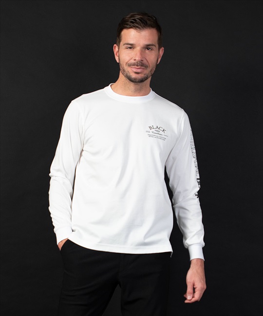【BLACK】単色ロゴプリント入り丸首長袖Tシャツ(01ホワイト-46)