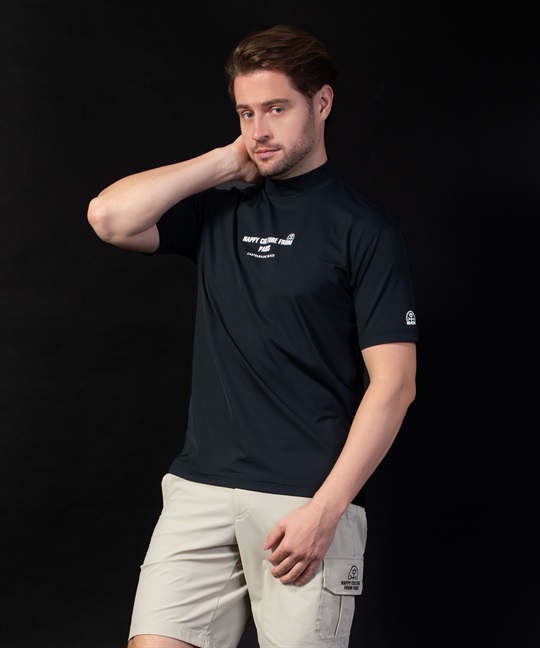 【BLACK】リサイクルベア天Pt入りモックネック半袖Tシャツ(99ブラック-46)