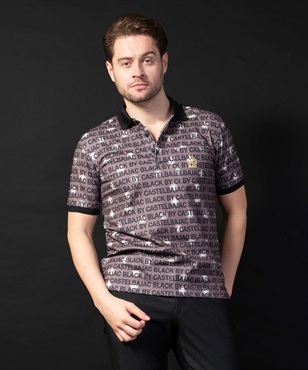 【BLACK】ストレッチメッシュロゴ総柄昇華転写半袖ポロシャツ(17モカブラウン-46)