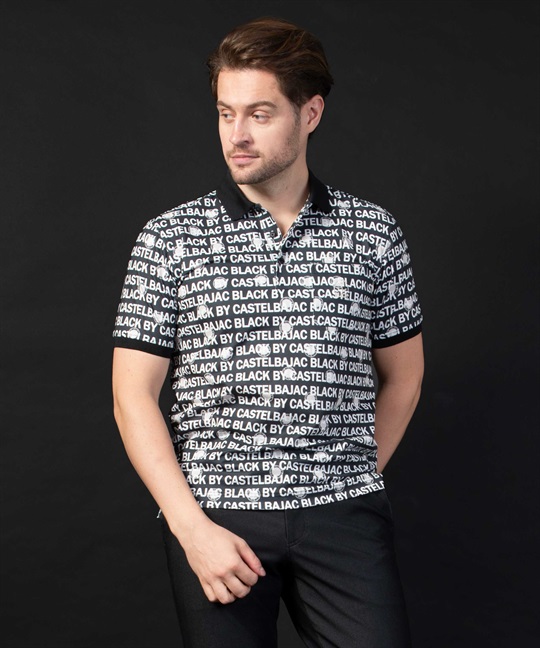 【BLACK】ストレッチメッシュロゴ総柄昇華転写半袖ポロシャツ(99ブラック-46)