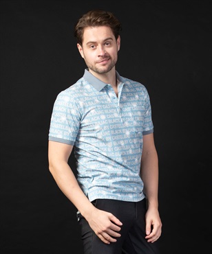 【BLACK】ストレッチメッシュロゴ総柄昇華転写半袖ポロシャツ(54ブルーグレイ-46)