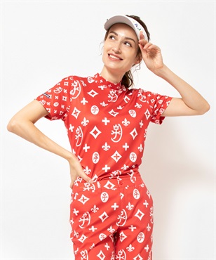モノグラム柄昇華転写プリント半袖モックネックTシャツ(80 レッド-40)