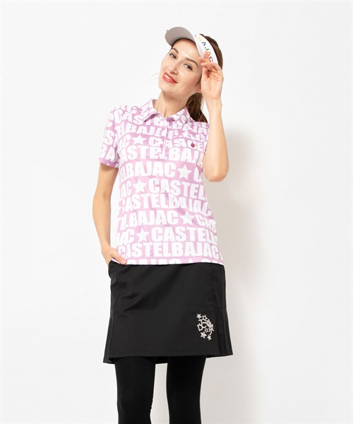 PE鹿の子インパクトロゴ昇華転写ブルゾン半袖ポロシャツ(72 ライトピンク-40)