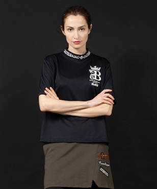 【BLACK】衿ジャガードモックネックAライン5分袖Tシャツ(99ブラック-40)