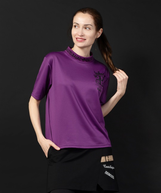 【BLACK】衿ジャガードモックネックAライン5分袖Tシャツ(60パープル-40)