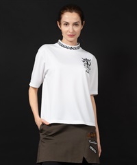 【BLACK】衿ジャガードモックネックAライン5分袖Tシャツ