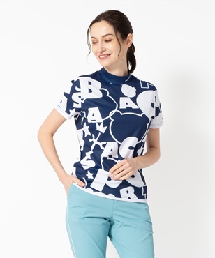 バーチカルメッシュ　ポップロゴ＆クマ柄写半袖モックネックTシャツ(59ネイビー-40)