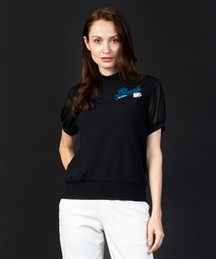 【BLACK】NYﾍﾞｱｽﾑｰｽﾌﾟﾚｯﾋﾟｰﾛｺﾞPt入りﾓｯｸﾈｯｸ半袖Tシャツ