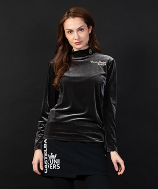【BLACK】ロゴ刺繍入りベロアハイネックインナー長Tシャツ(97チャコールグレー-40)
