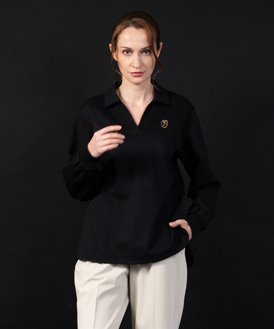 【BLACK】スキッパー衿チュニック長ポロシャツ(99ブラック-40)