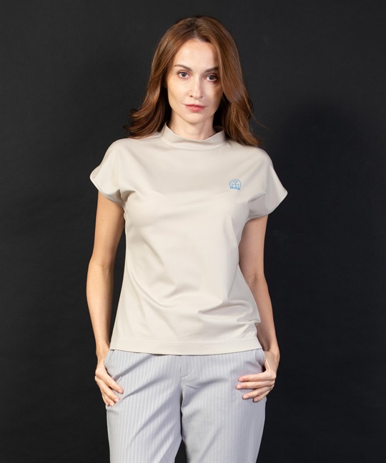 【BLACK】薄手ナイロンスムースノースリーブモックネックＴシャツ(12ベージュ-40)