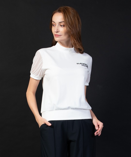 【BLACK】ナイロンベアスムース袖異素材使いモックネック半袖Tシャツ(01ホワイト-40)