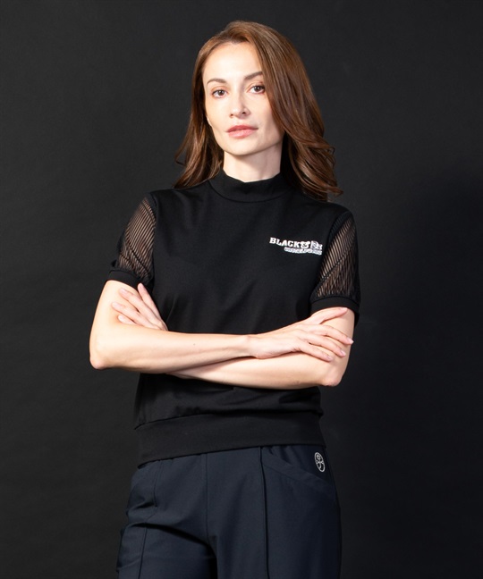 【BLACK】ナイロンベアスムース袖異素材使いモックネック半袖Tシャツ(99ブラック-40)