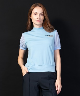 【BLACK】ナイロンベアスムース袖異素材使いモックネック半袖Tシャツ(53サックス-40)