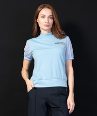 【BLACK】ナイロンベアスムース袖異素材使いモックネック半袖Tシャツ