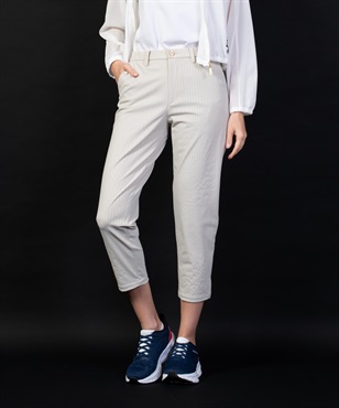 【BLACK】プリントストライプ刺繍入りクロップドパンツ(12ベージュ-38)