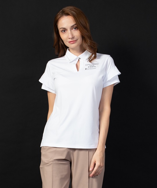 【BLACK】ソフトストレッチ袖フリル付き半袖ポロシャツ(01ホワイト-40)